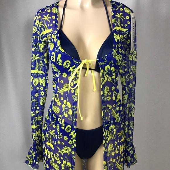 Zuliana Aloha Tropical Print Long Ruffle Sleeve Mesh Cover Up. Made in USA/ New - Picture 4 of 6